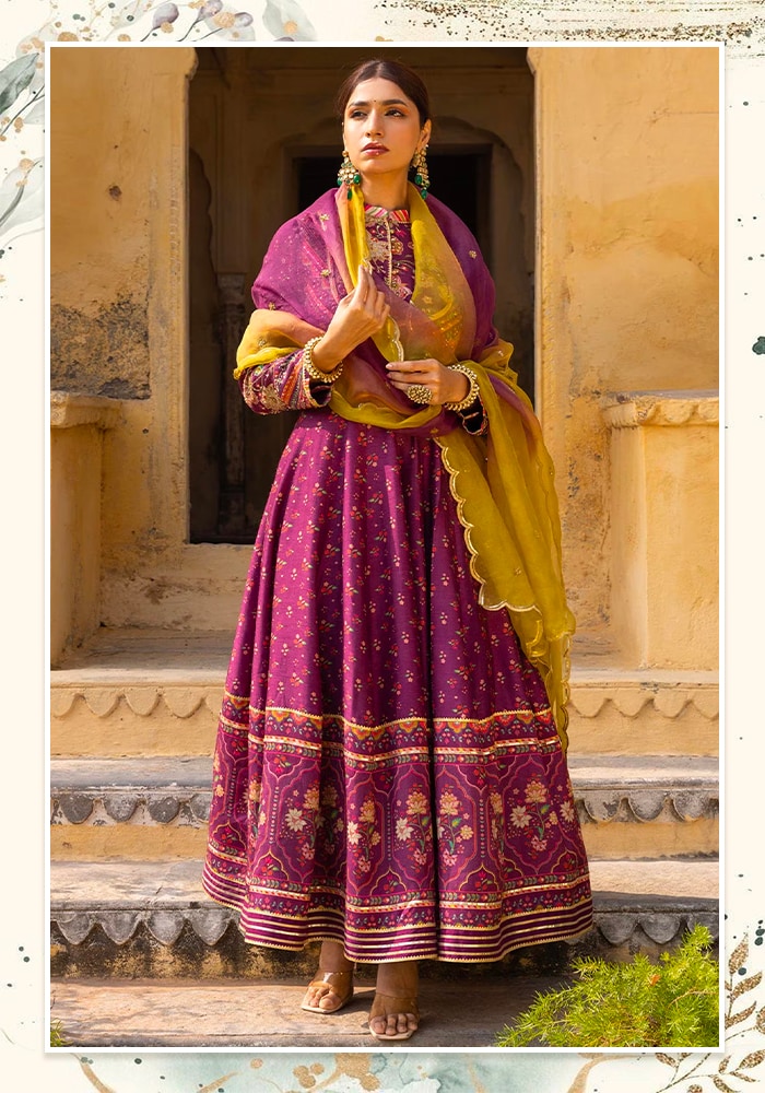 
Summer Wine - Wine Raw Silk Printed Floral Mandarin Collar Anarkali With Dupatta.