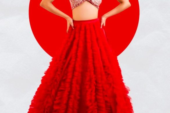 Red Net Embroidery Sequins Halter Neck Ruffled Lehenga With Blouse