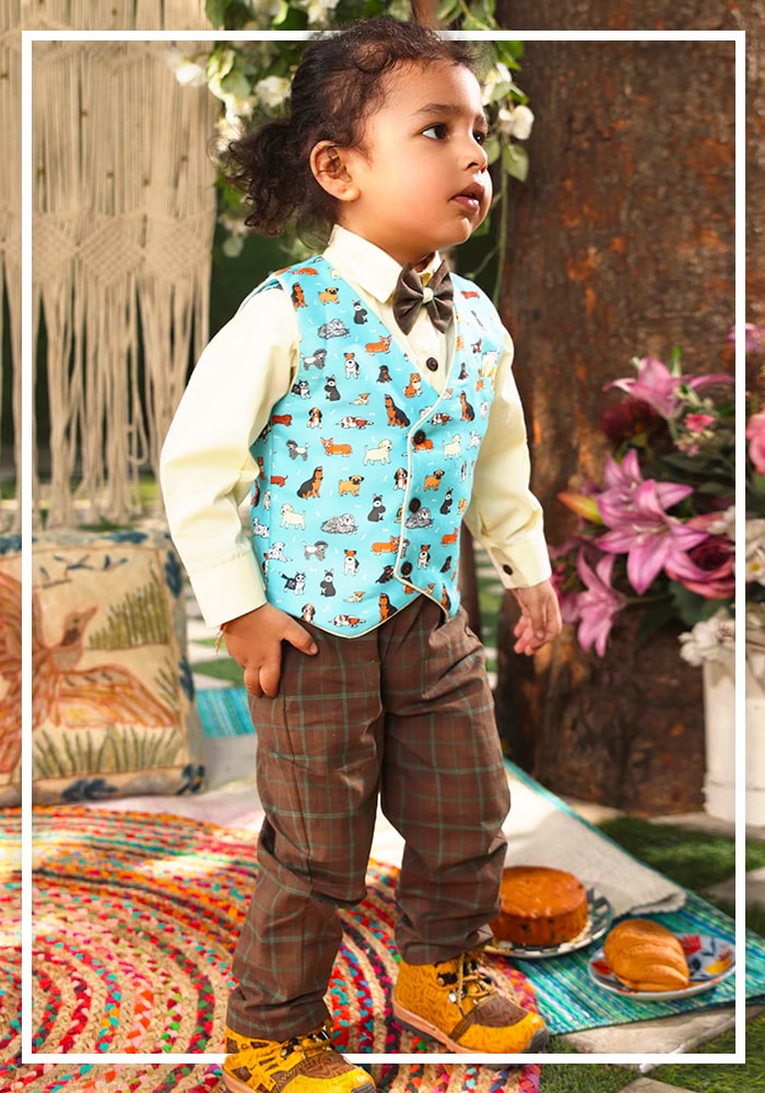 Printed Waist Coat and Blue Shirt For Boy