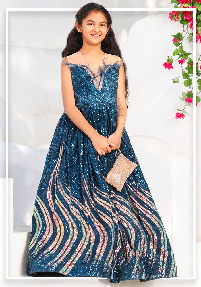 Blue Embroidered Gown For Girls