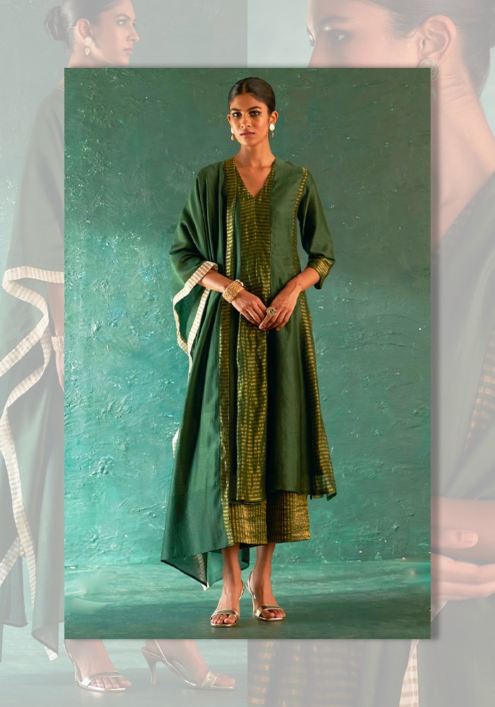 Green Panleled Anarkali Pant Set | Aza Fashions