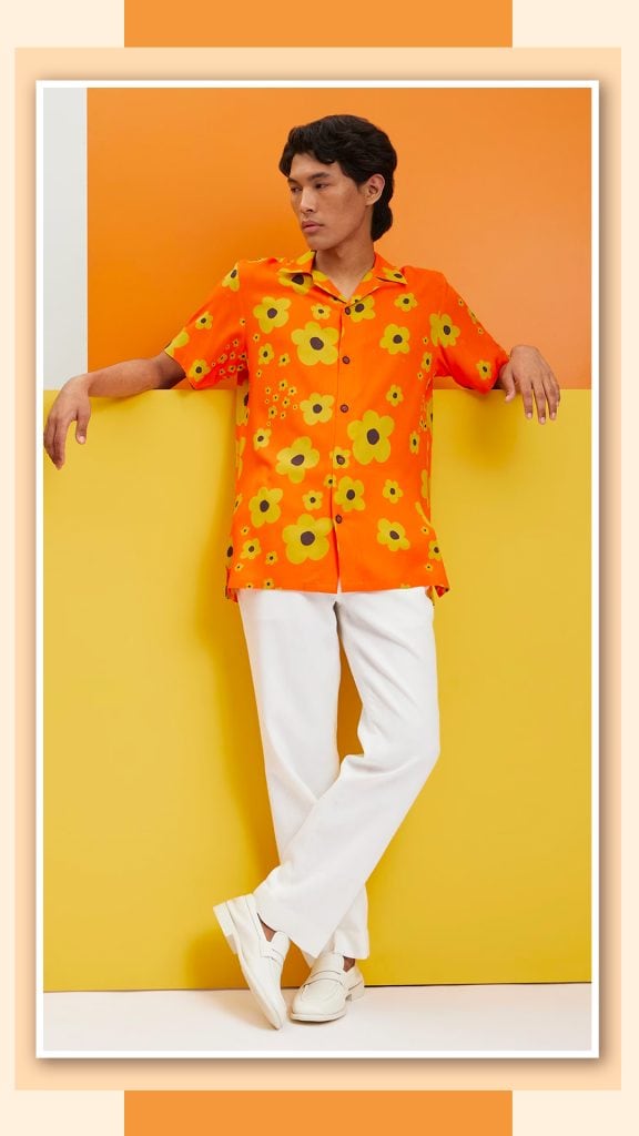 Orange shirt with Floral Print For Men 