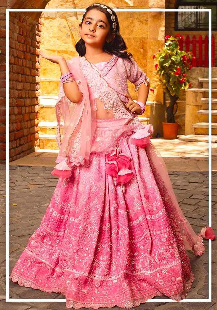 Fayon Kids Pink Embroidered Lehenga For Girls