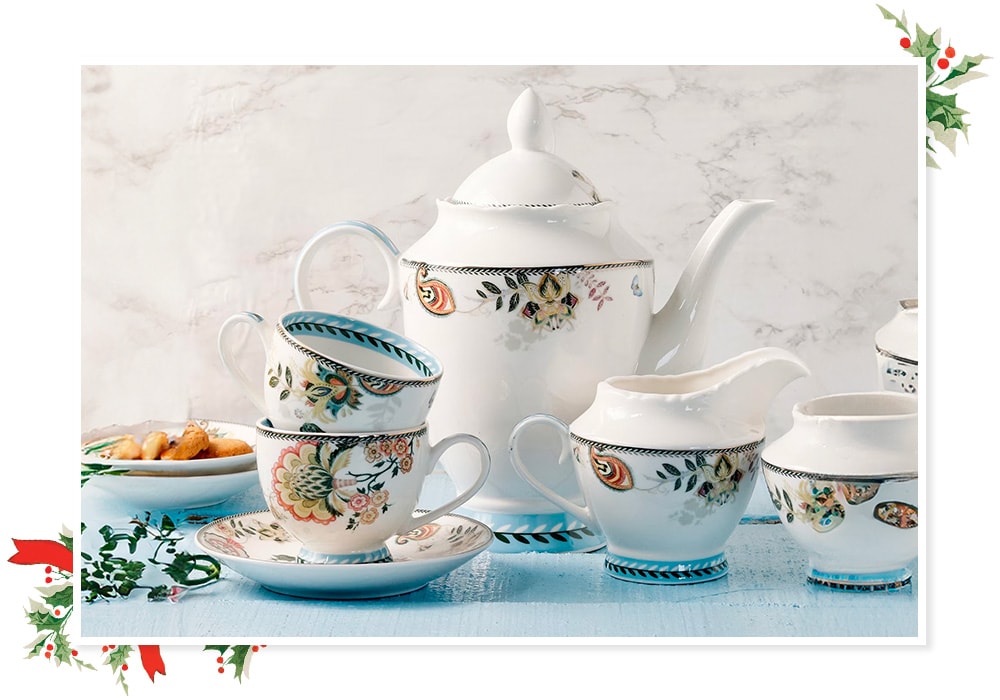 Shop Blue Finest Premium Porcelain Flower Embossed Tea Set | Aza Fashions