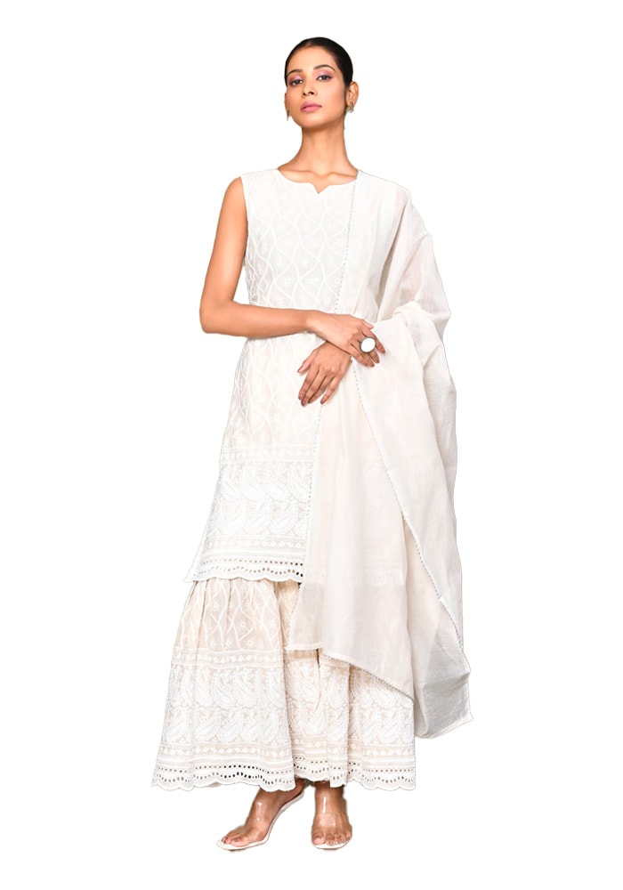 White Embroidered Kurta Set For Women for Diwali