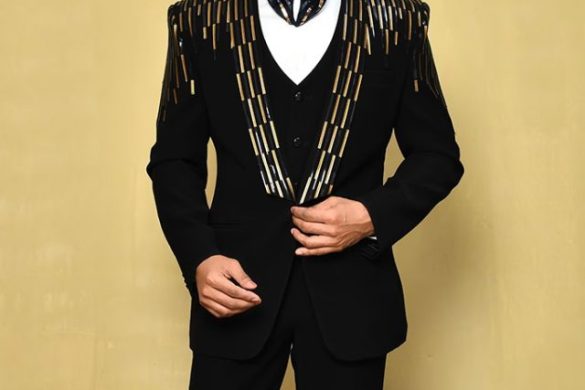 Black Polynosic Embellished Stripe Tuxedo For Men