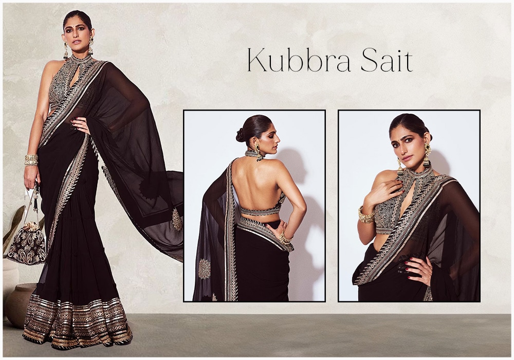 Experience sophistication with Kubbra Sait's ready-to-stitch lehenga saree.