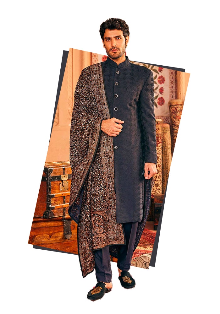 Khusboo Black Sherwani with Shawl for Men