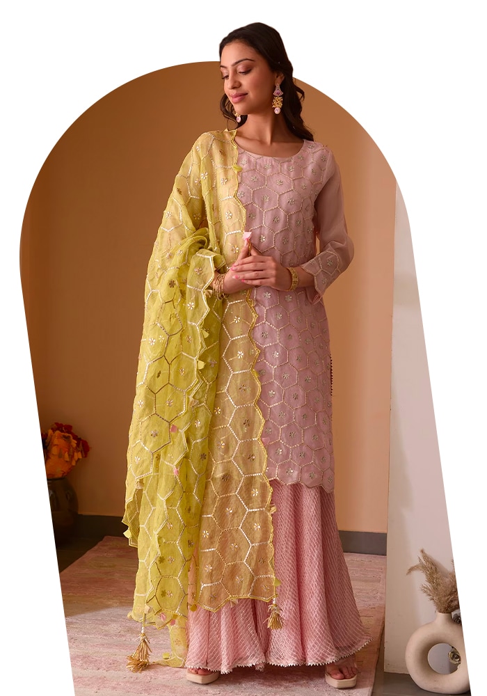 Pink Tissue Hand Embroidered Sharara And Gharara Set for Women
