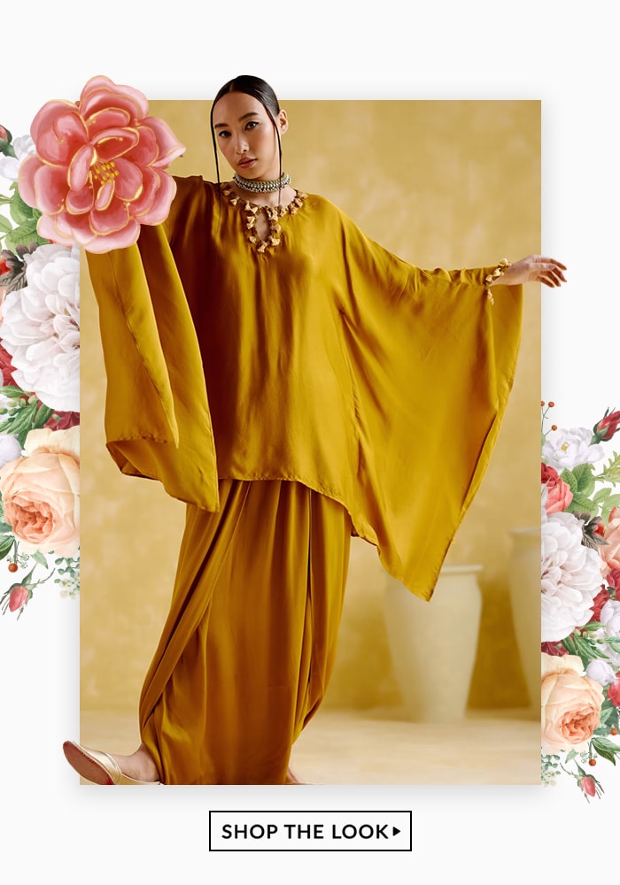 Yellow Modal Satin Embellished Metal Arundhati Kaftan And Pant Set For Women From 5elements