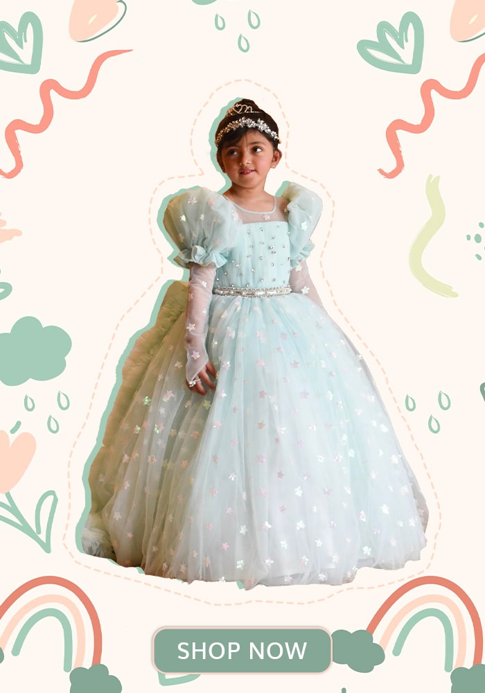 Blue Net Embellished Star Motifs Ball Gown For Girls