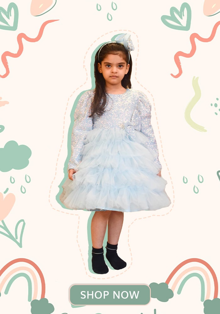 Blue Net Embroidered Sequins Frock For Girls