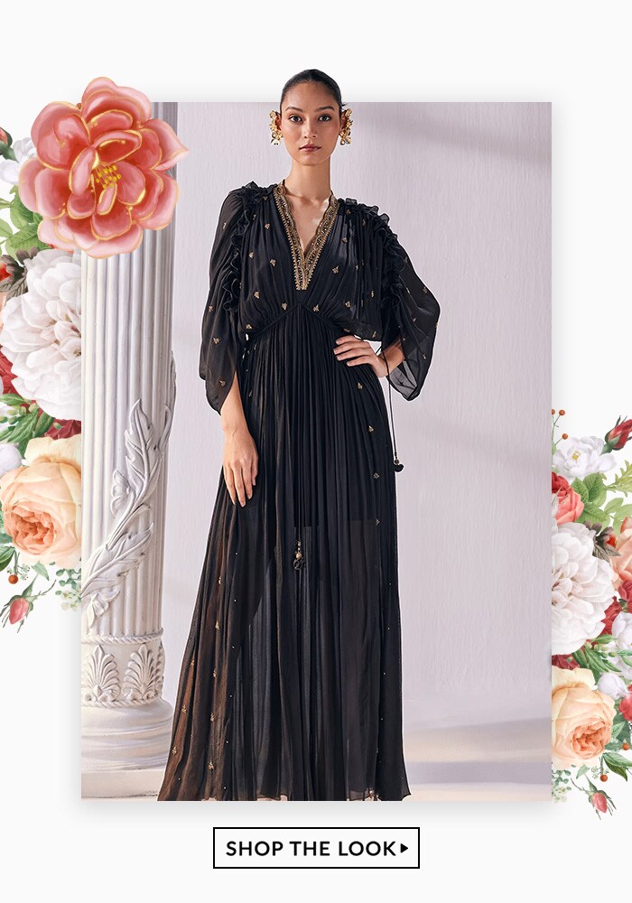 Black Chiffon Embroidered Cutdana V Neck Kaftan Dress From Mandira Wirk For Women
