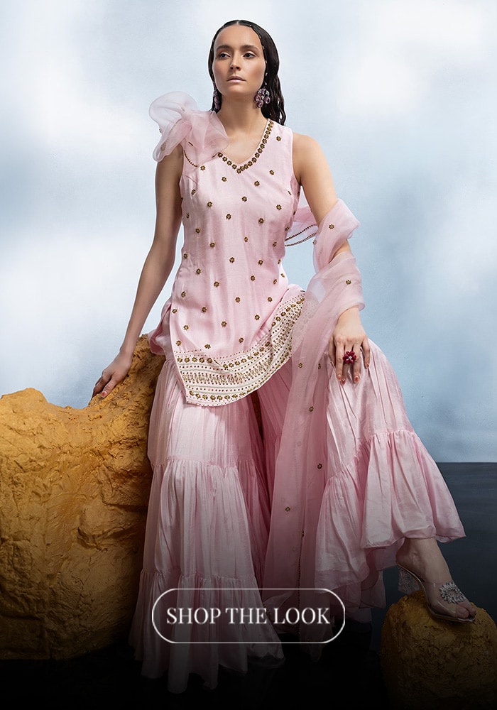 Pink Kurta And Sharara Set: Dupion Silk; Dupatta