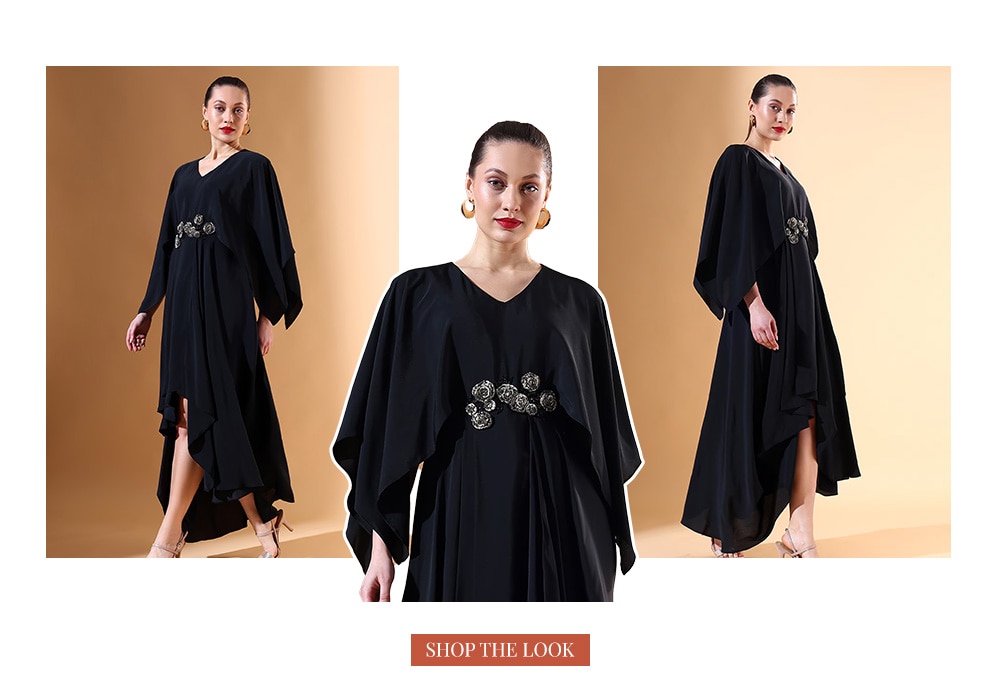 
Black Silk Crepe Embellished Applique V-neck High-low Dress For Women