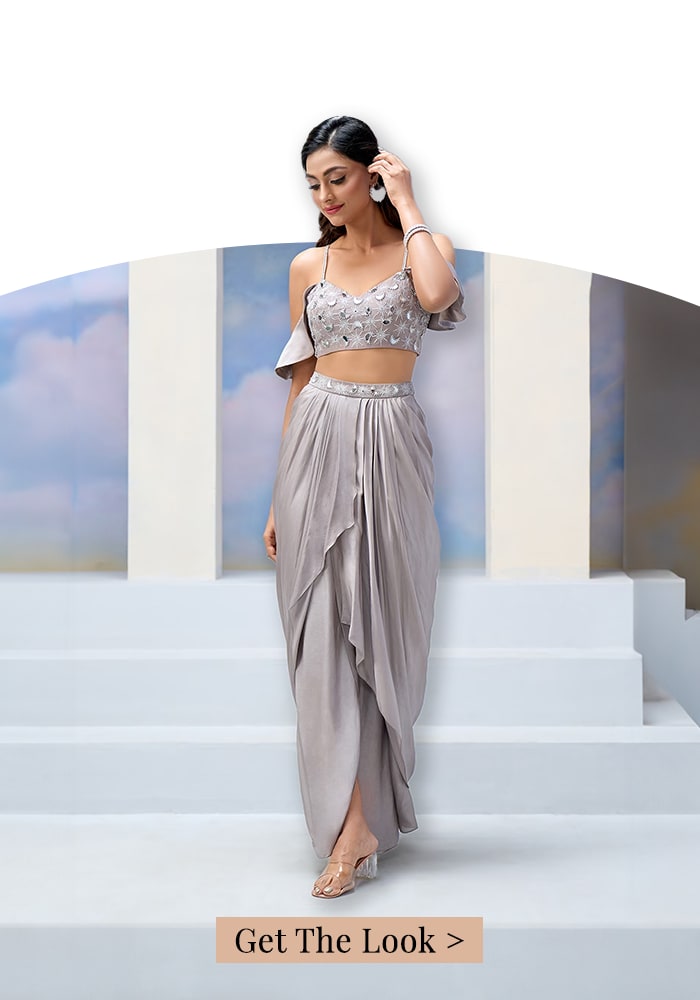 Grey Satin Georgette Embroidery Moon Arana Blouse With Draped Skirt For Women
