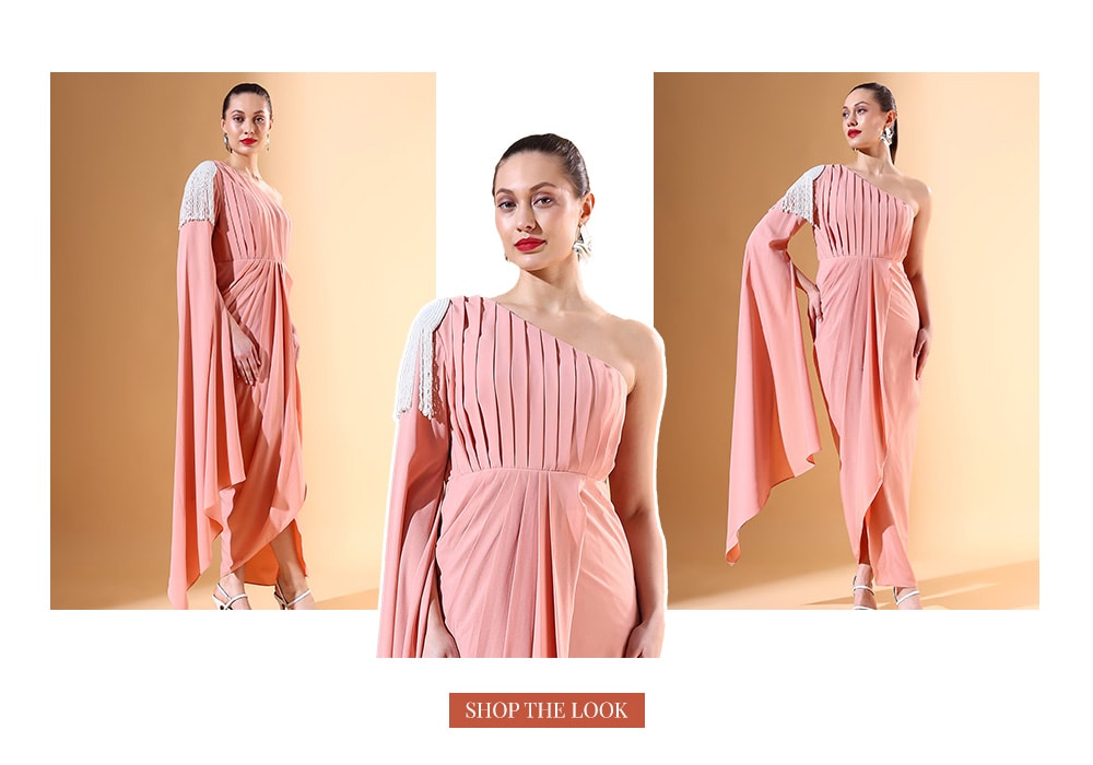 Peach Moss Crepe Embellished Pearl One Shoulder Draped Dress For Women From Aakaar X Aza