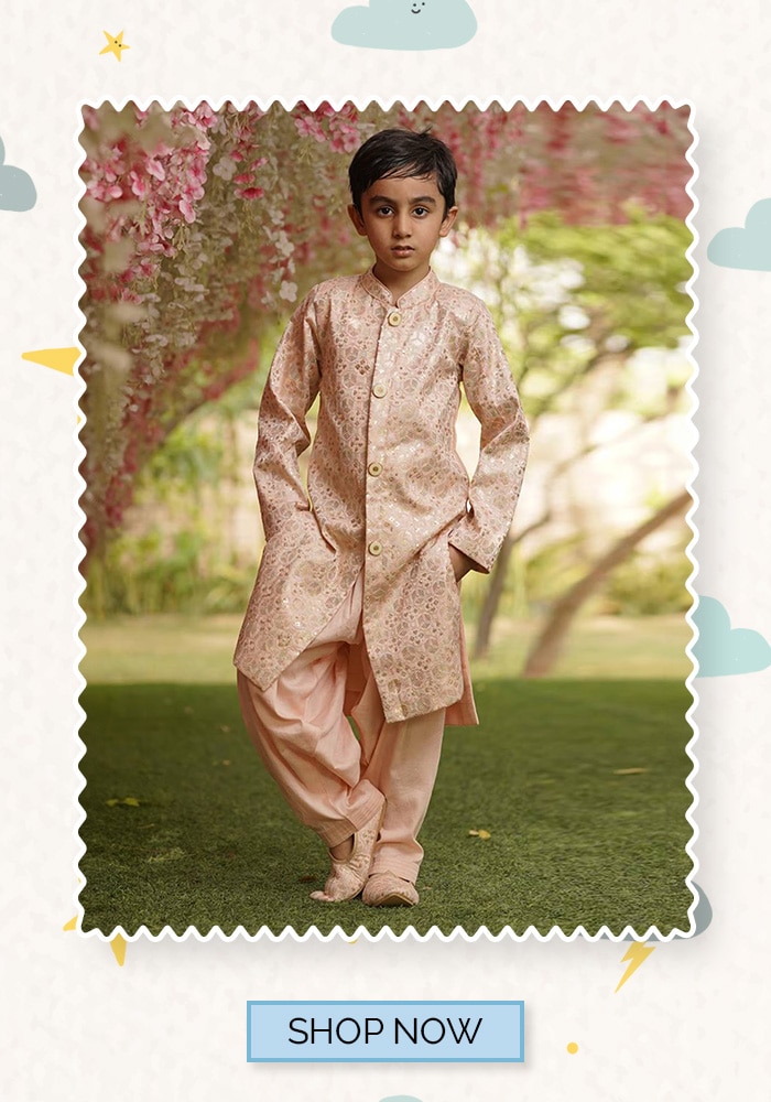 Peach Silk Embroidered Achkan Set For Boys