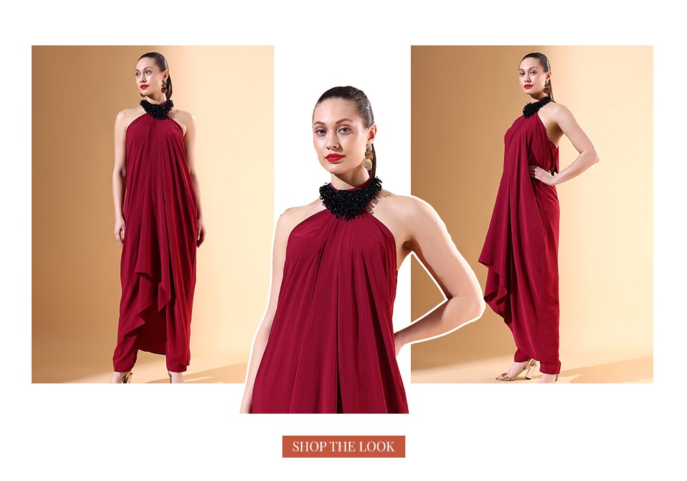 Wine Moss Crepe Embellished Crystal Metallic Draped Tunic And Pant Set For Women from Aakaar X Aza