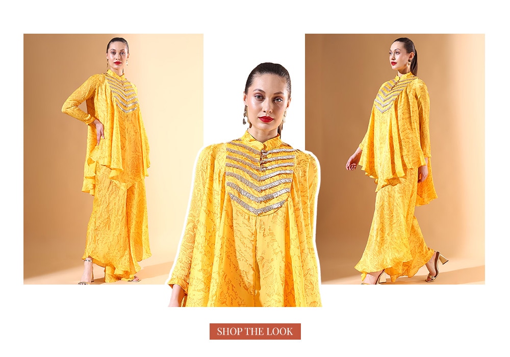 Yellow Textured Silk Crepe Marble Print Tunic And Palazzo Set For Women AAKAAR X AZA Celestial Bloom