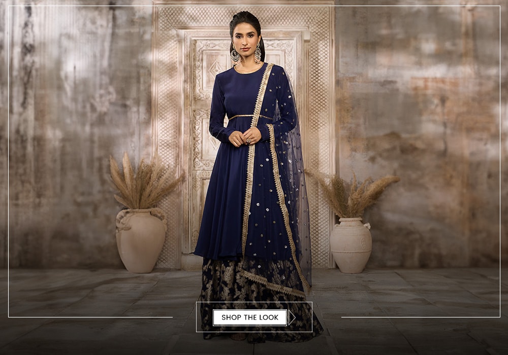 Blue Crepe Woven Sequin Round Floral Brocade Sharara Set For Women Opulent Essence