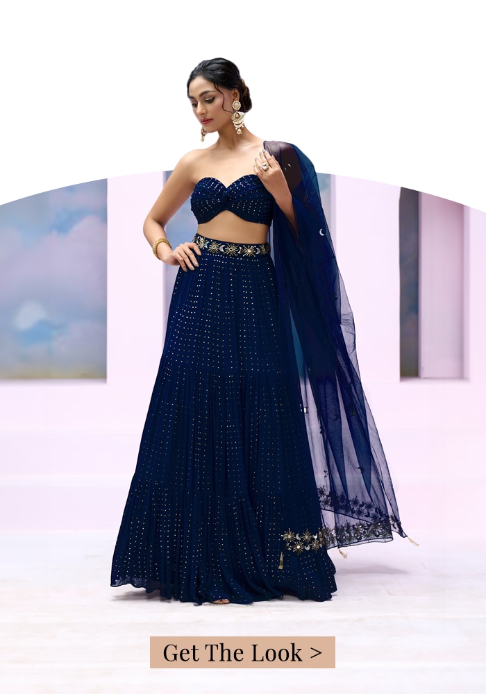 Blue Georgette Embroidered Arsh Ruched Blouse Tiered Lehenga Set For Women