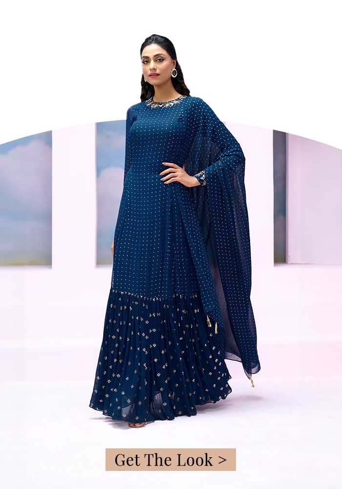 Blue Georgette Soraya Gathered Anarkali With Tasseled Dupatta For Women