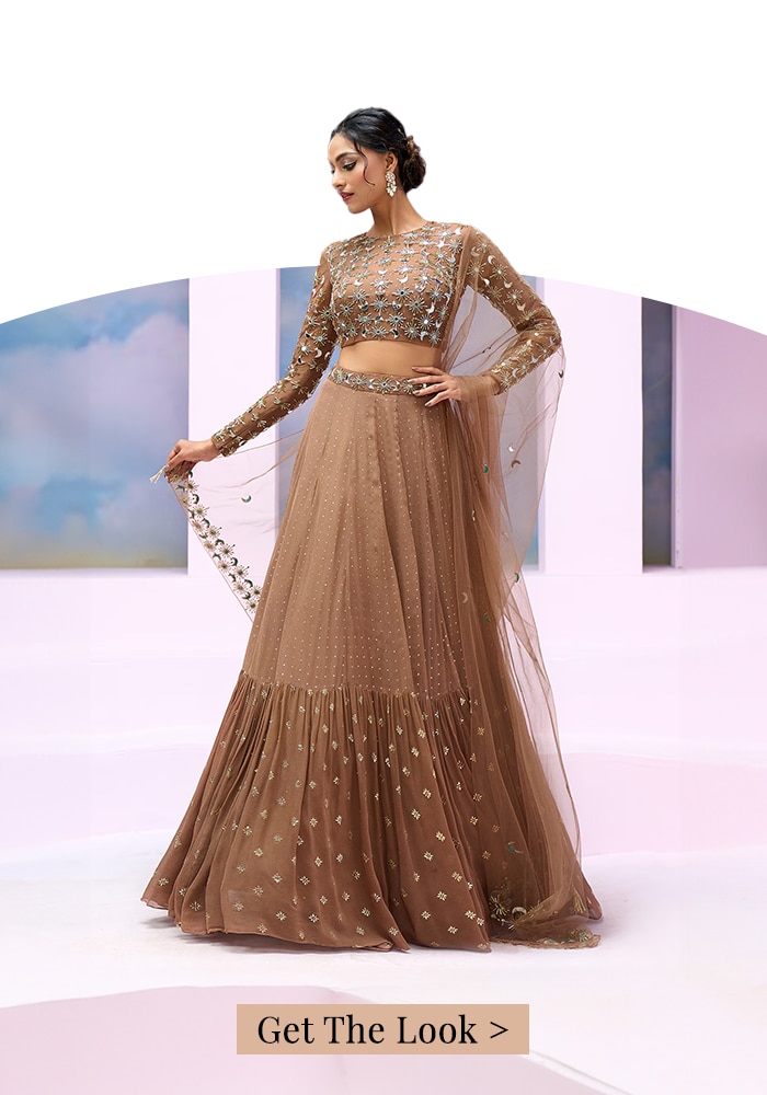 Brown Soft Net Embroidered Sequins Aurelia Blouse Tiered Lehenga Set For Women Chaandni Raatein 2.0