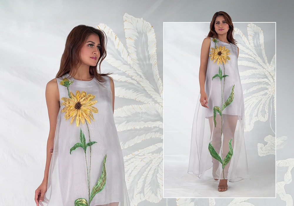 Grey Organza Hand Painted Round Aysel Sunflower Long Dress