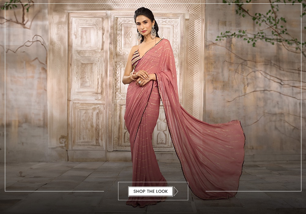 Pink Georgette Embroidered Shimmer Saree With Halter Neck Blouse For Women RISHI & VIBHUTI X AZA Opulent Essence