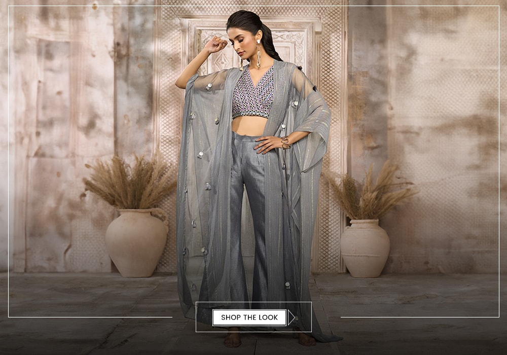 RISHI & VIBHUTI X AZA Opulent Essence Grey Dupion Embellished Striped V Neck Tassel Cape With Pant Set For Women