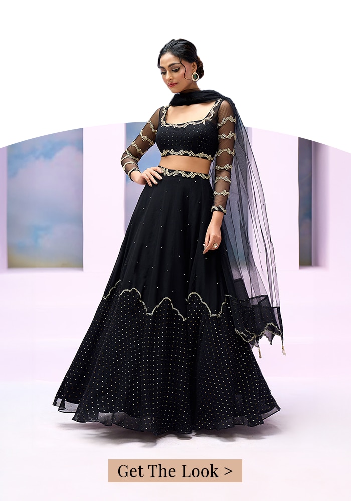 SILKY BINDRA X AZA Black Soft Net Embroidered Beads Square Esra Cloud Patch Lehenga Set For Women Chaandni Raatein 2.0