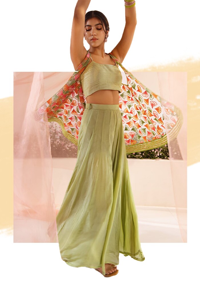 TUHINA SRIVASTAVA Green Tulle Embroidery Resham Open Petal Breeze Jacket Sharara Set For Women