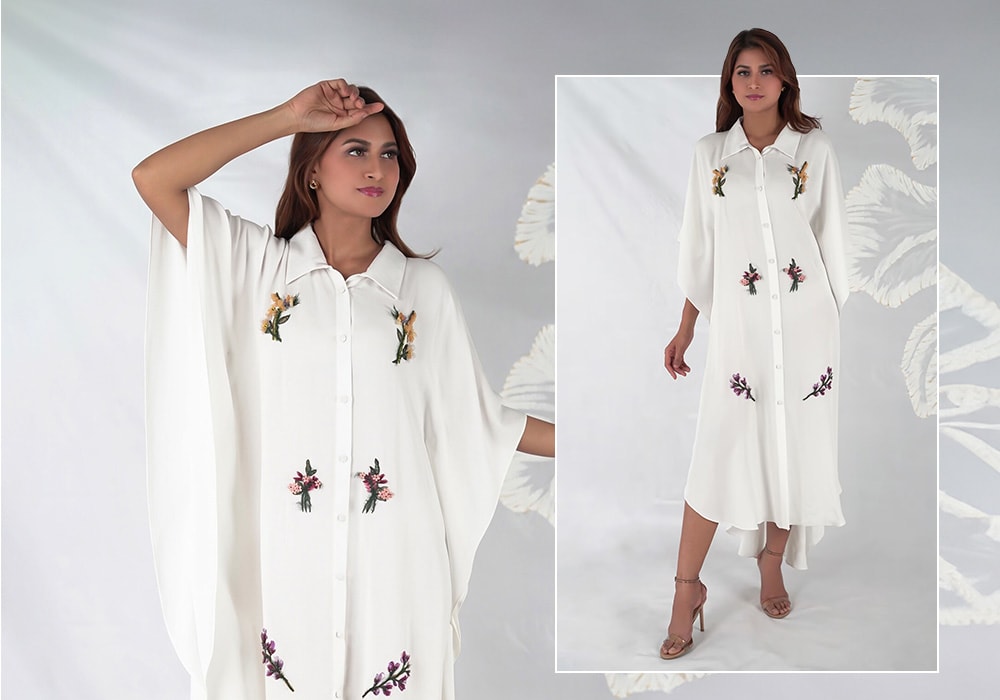 White Double Viscose Georgette Ilana Asymmetric Hand Painted Kaftan