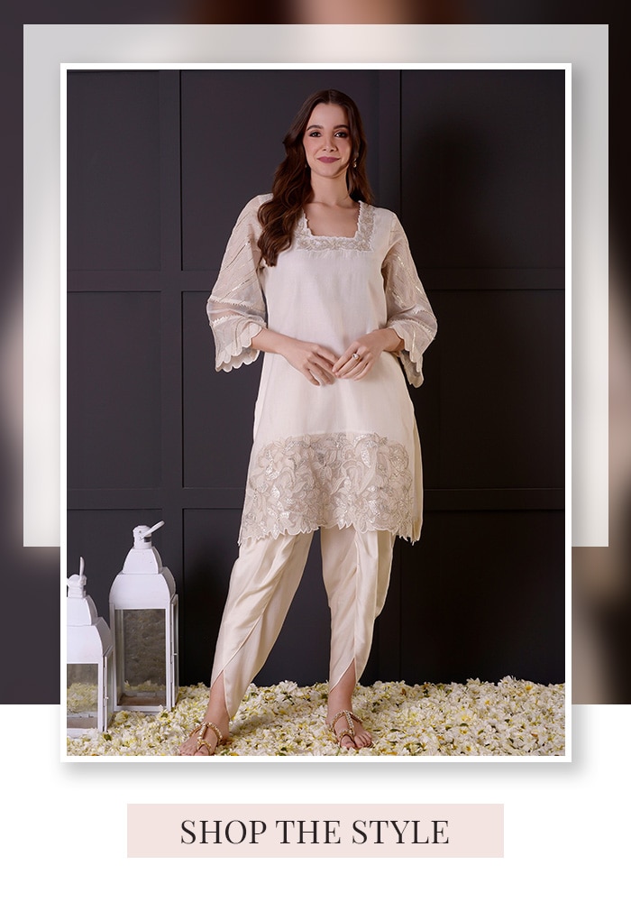 White Embroidered Cutwork Kurta and Dhoti Pant Set | Aza Fashions