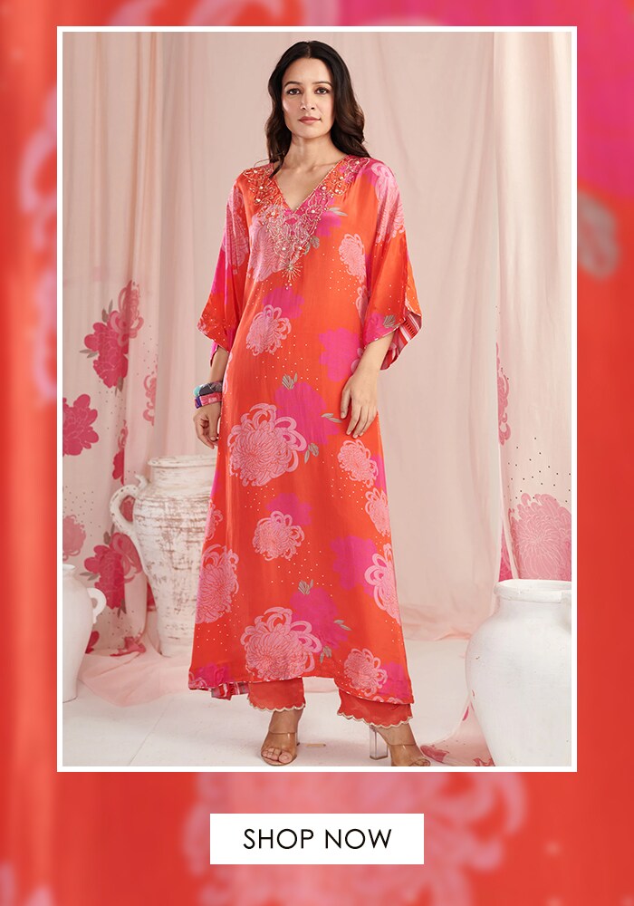 Printed Floral Chrysanthemum Kaftan With Pant For Women