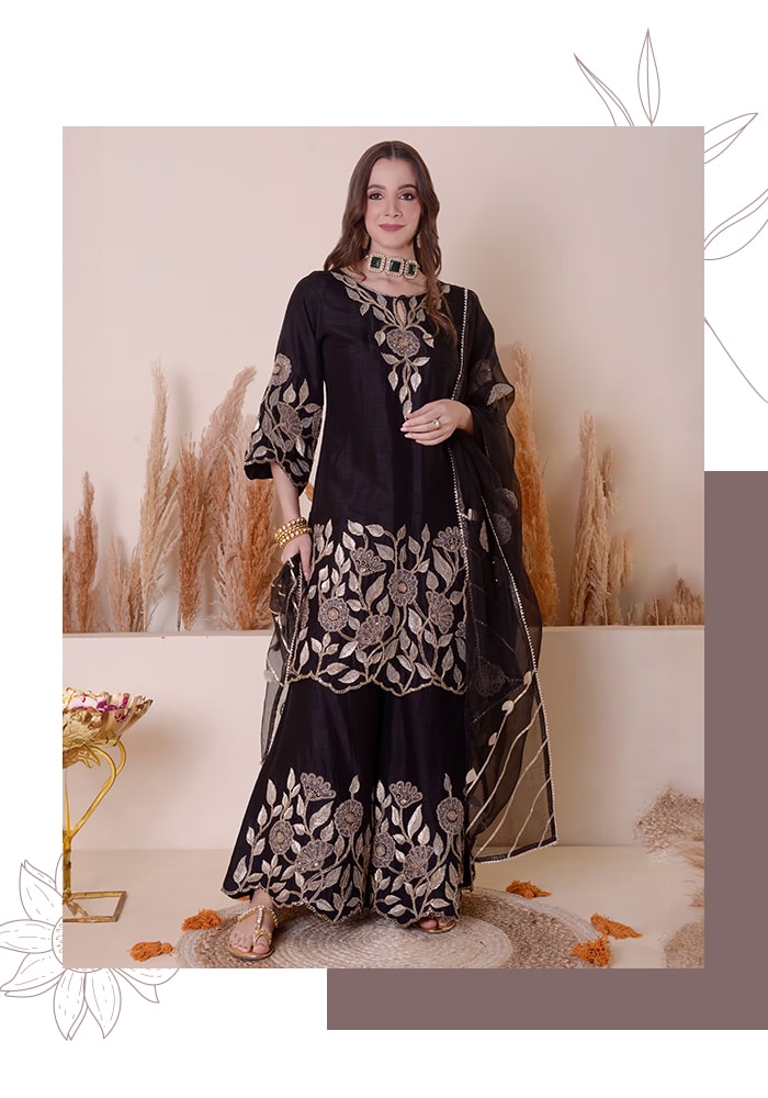 Black Bamberg Silk Embroidered Zari Floral And Gota Kurta Sharara Set