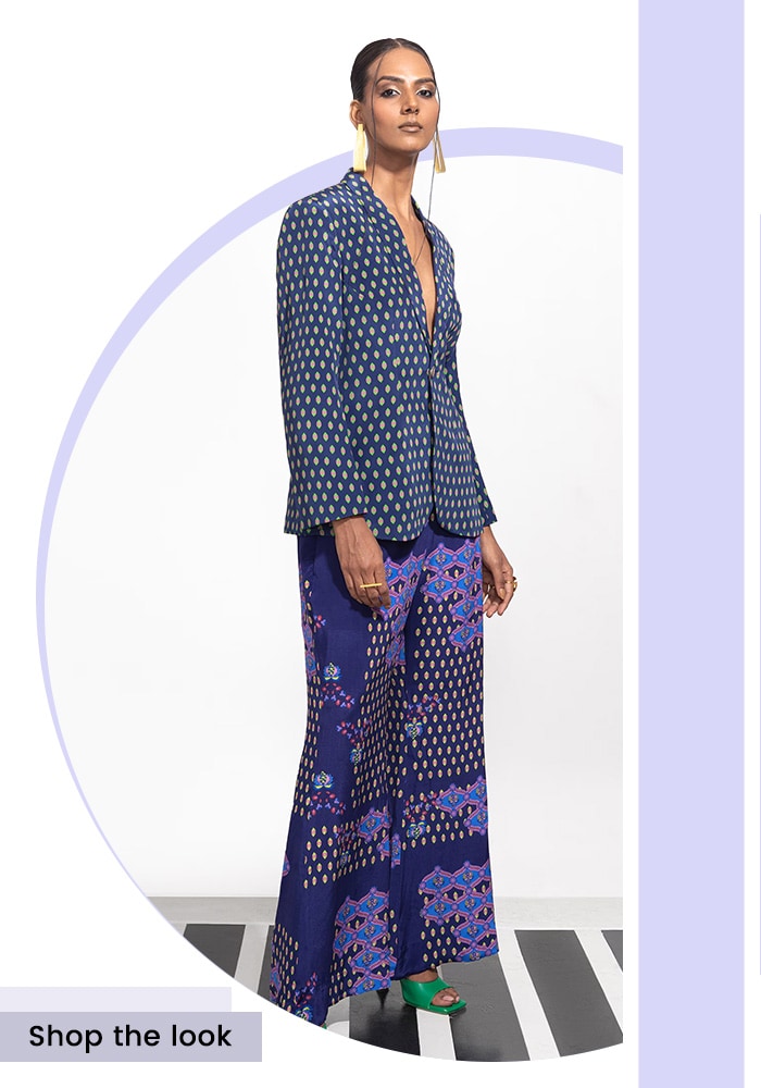 Buy Blue Crepe Blazer & Pant Set at Aza