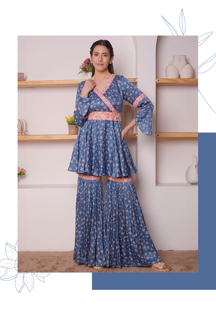 Blue Modal Satin Printed Andembroidered Floral Angarkha & Gharara Set