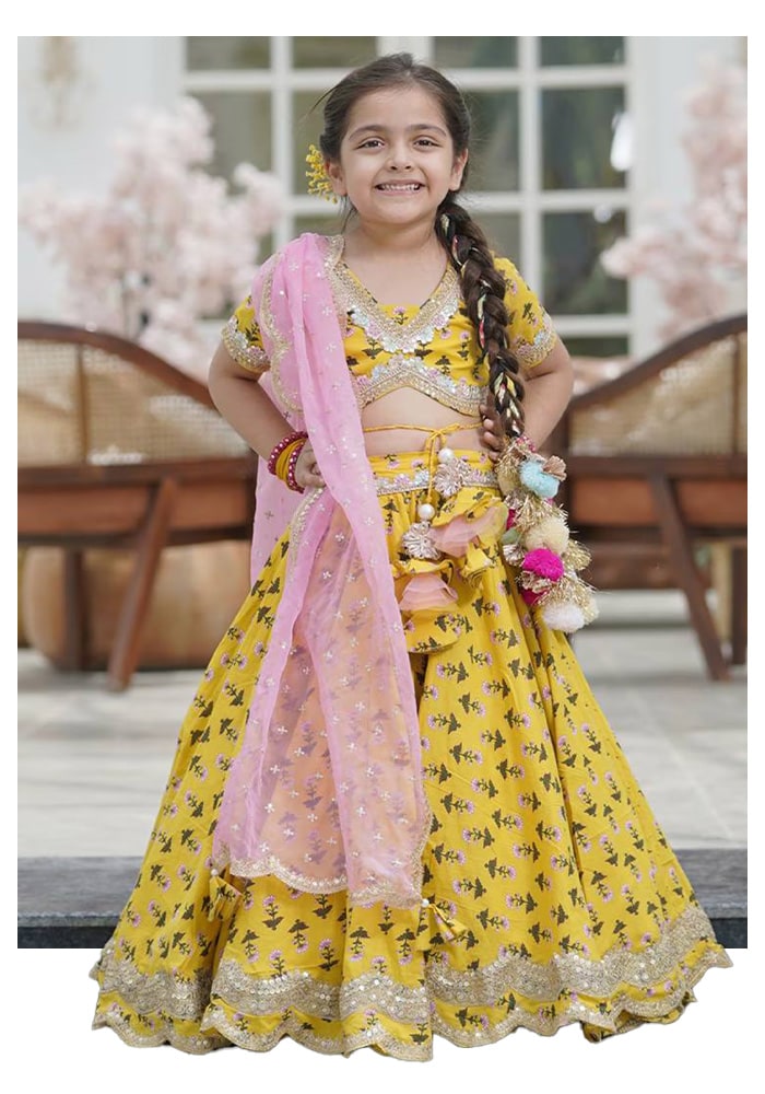 Buy Fayon Kids- Yellow Printed Lehenga Set