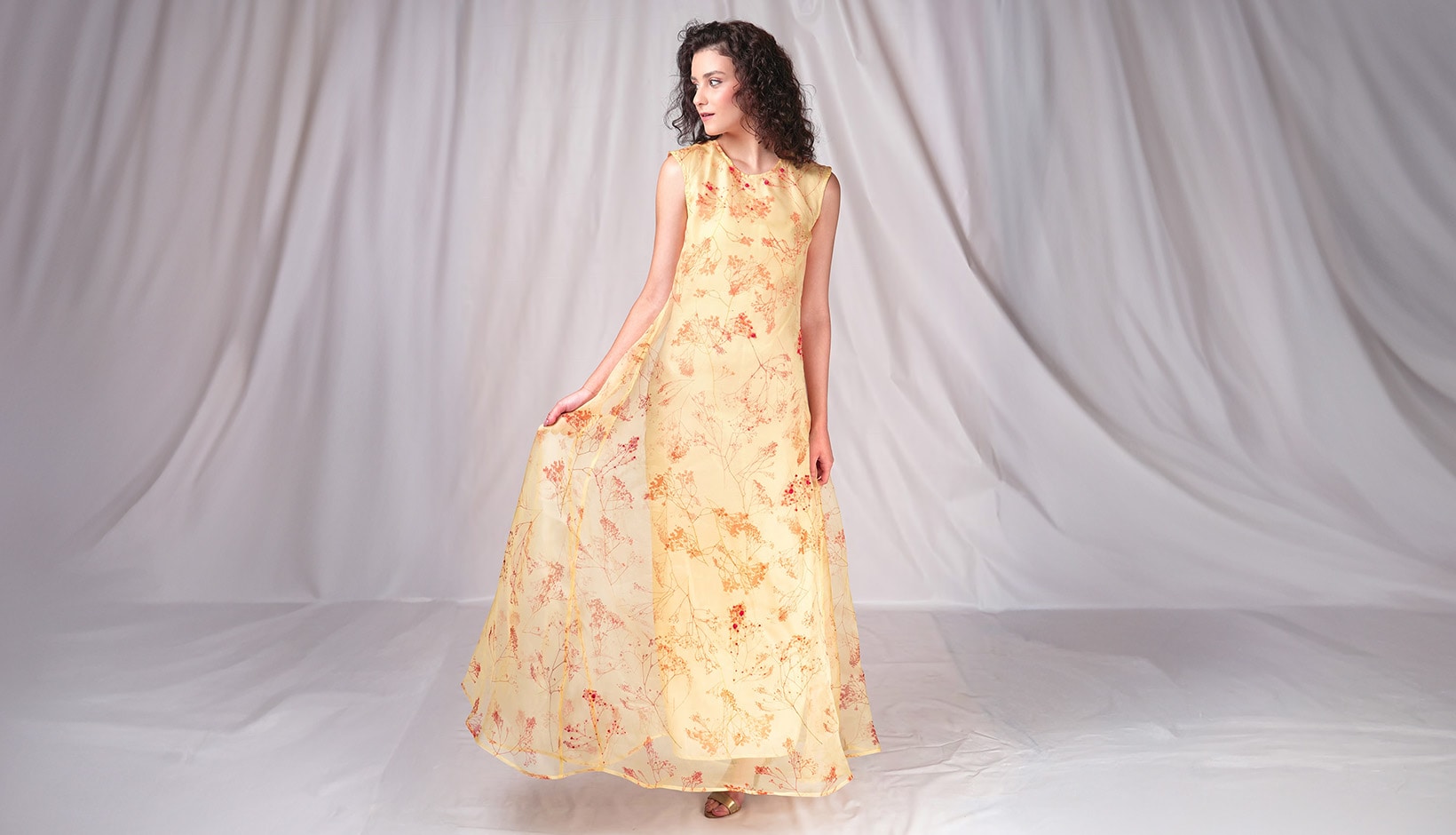 Cream Organza Silk Floral Maxi Dress by Seesa