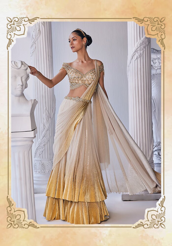 Cream Net Embroidered Lehenga Saree