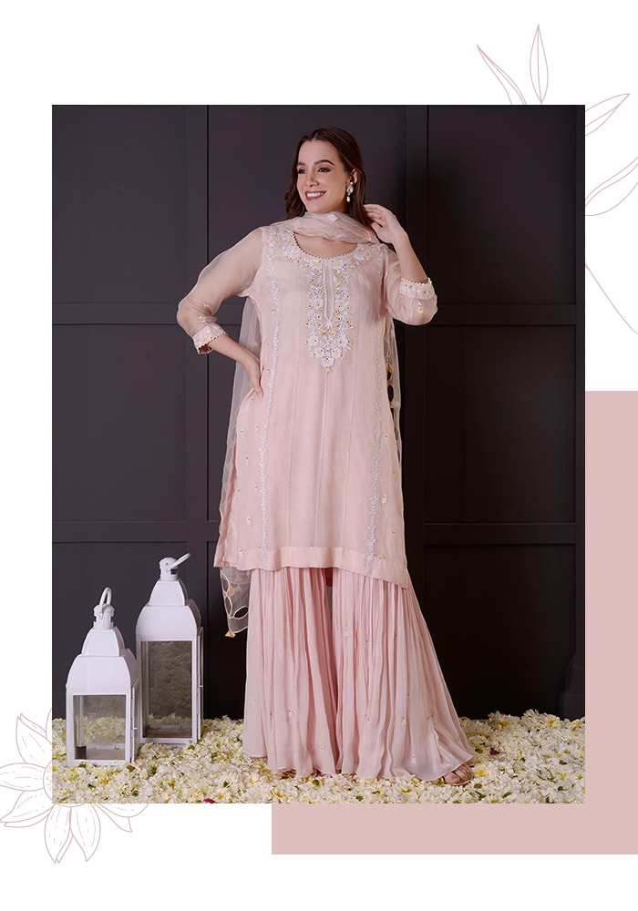 Pink Kurta And Dupatta Organza Embroidered Floral Round Gharara Set