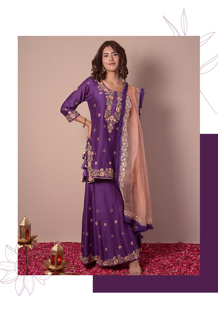 Purple Kurta And Sharara Silk Chanderi Embroidery Gota Patti Round Set