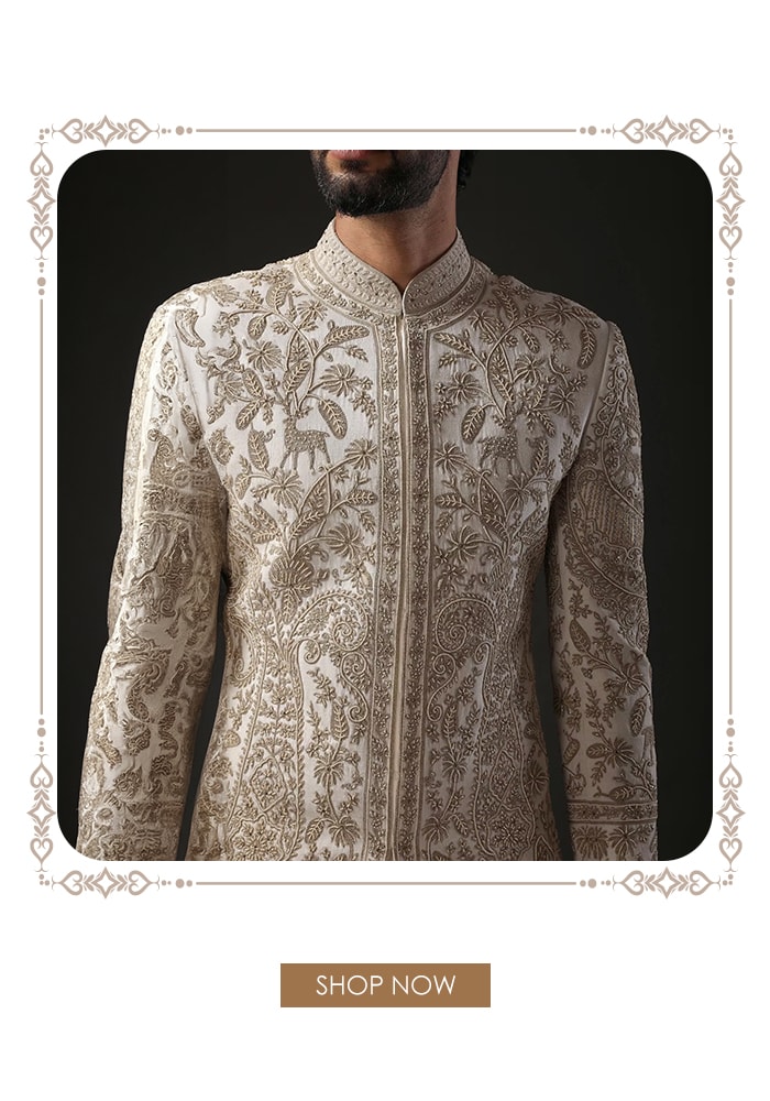 Beige embroidered sherwani vs nehru jacket Aza Fashions