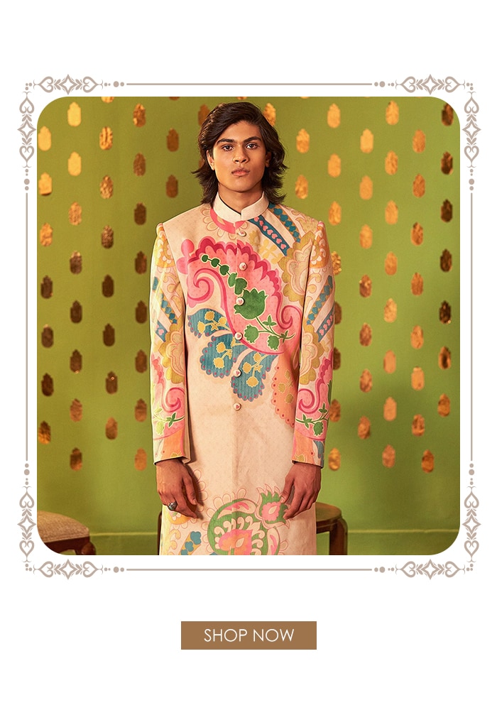 floral printed sherwani vs nehru jacket Aza Fashions