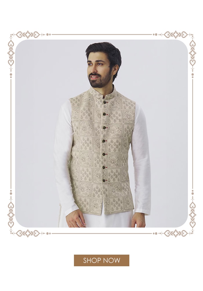 beige nehru jacket vs sherwani Aza Fashions