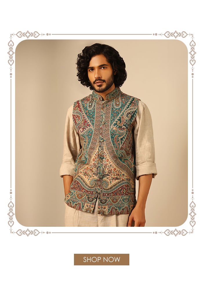 printed nehru jacket vs sherwani Aza Fashions