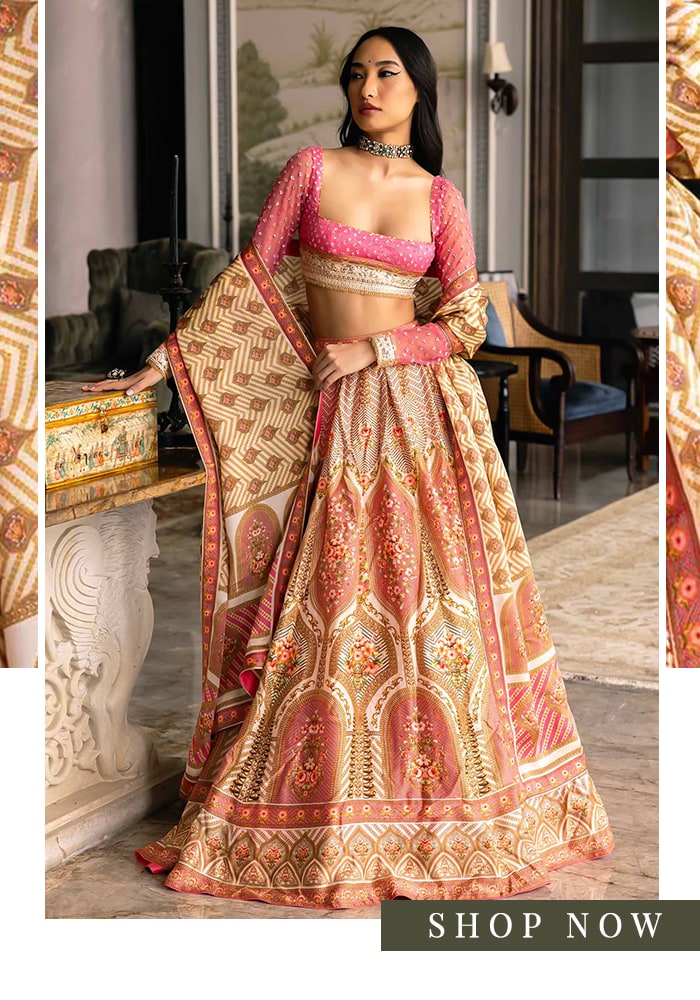 Pink and beige printed lehenga