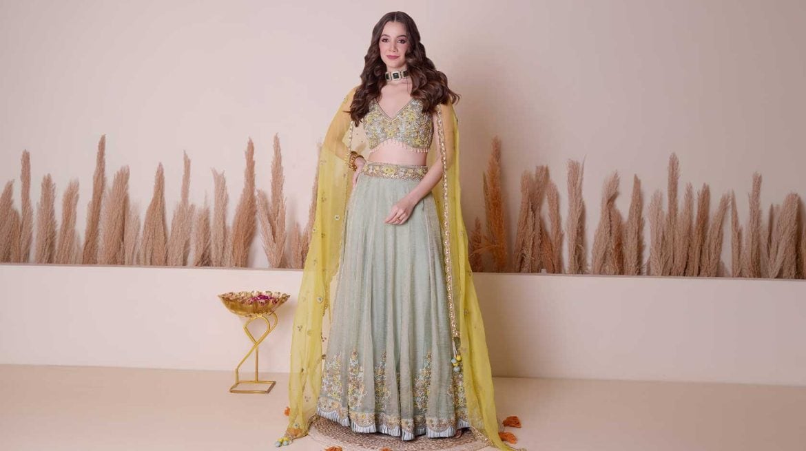 Green Floral Embroidered lehenga by Surabhi Arya